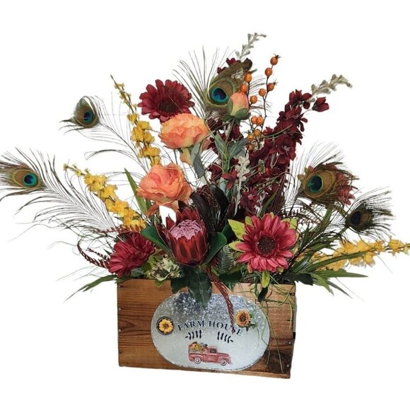 COUNTRY FLORAL Arrangement with Little Red Truck Sign - Picture 1 of 10